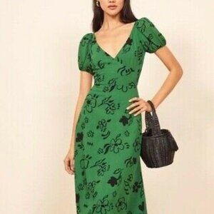 REFORMATION Green Floral Print KACEY V-Neck Puff Sleeve Carrie Midi Dress